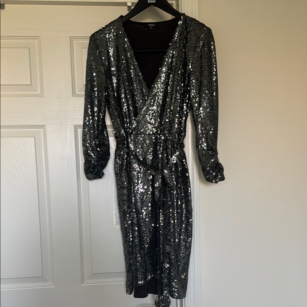 XOXO Black Sequin Wrap Dress with Tie Front